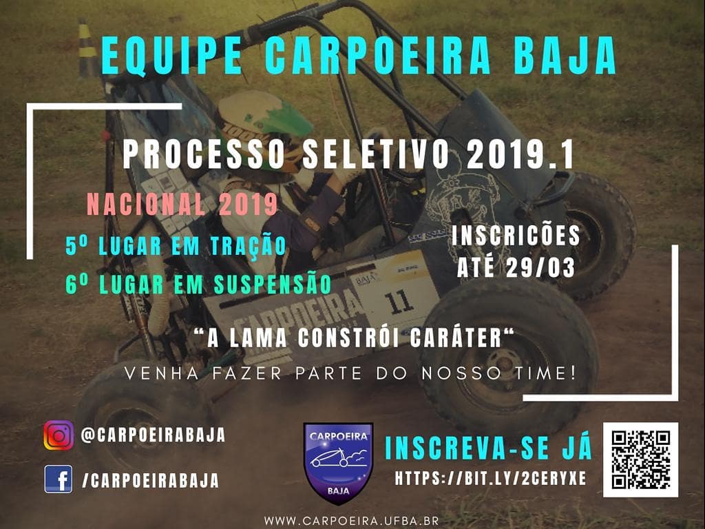 Equipe Carpoeira Baja seleciona novos integrantes em 2019.1. Estudantes do BI em C&T podem participar.
