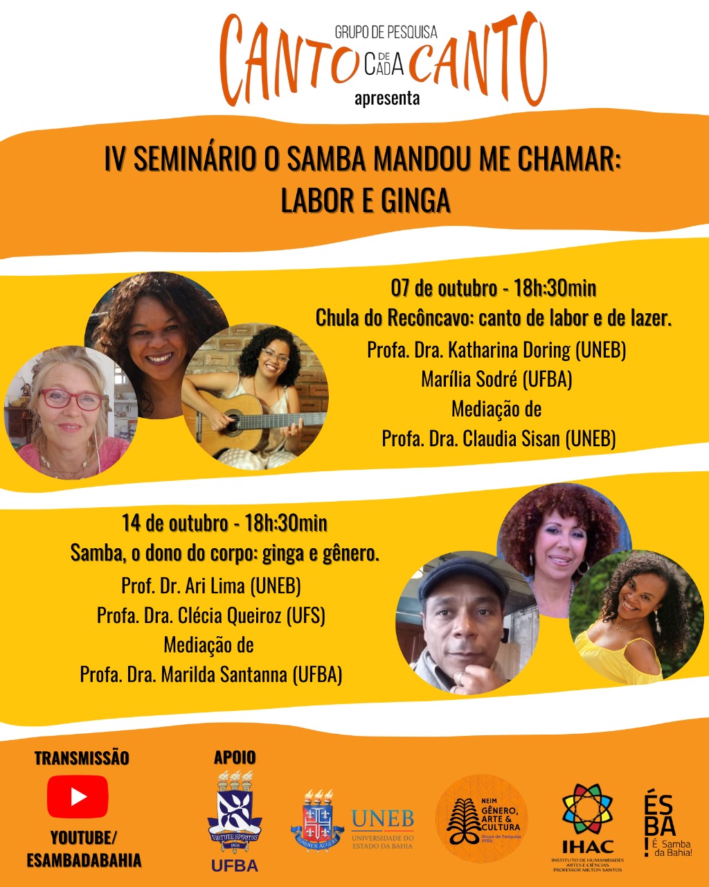 “IV Seminário o samba mandou me chamar: labor e ginga” acontecerá em formato virtual nos dias 7 e 14 de outubro