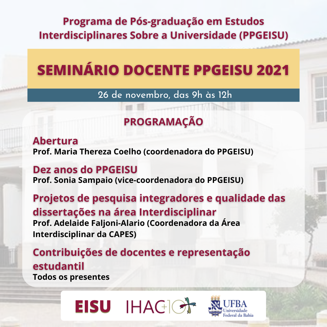 Seminário Docente PPGEISU 2021 acontece nesta sexta-feira (26/11)