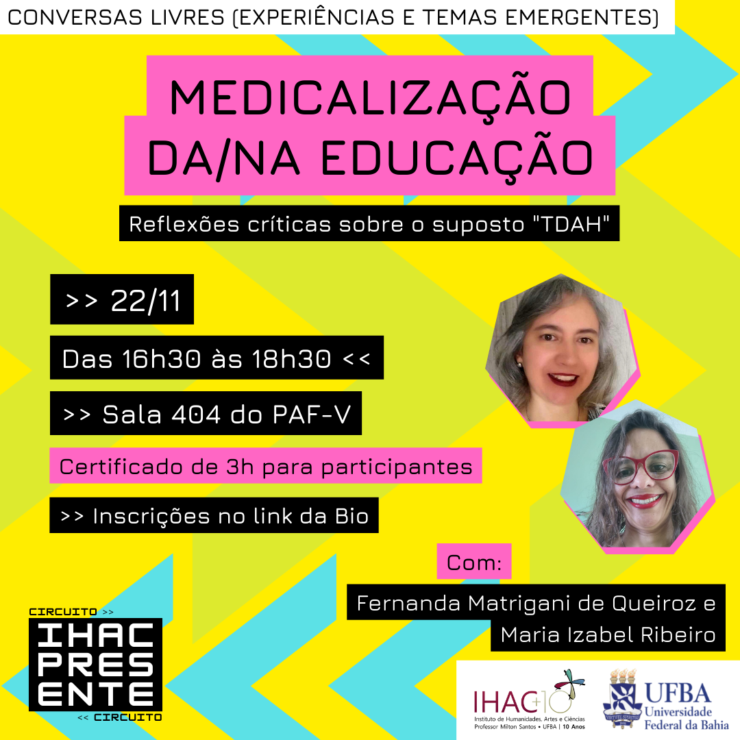 Roda de conversa sobre TDAH e medicalização da/na Educação acontece em novembro no IHAC