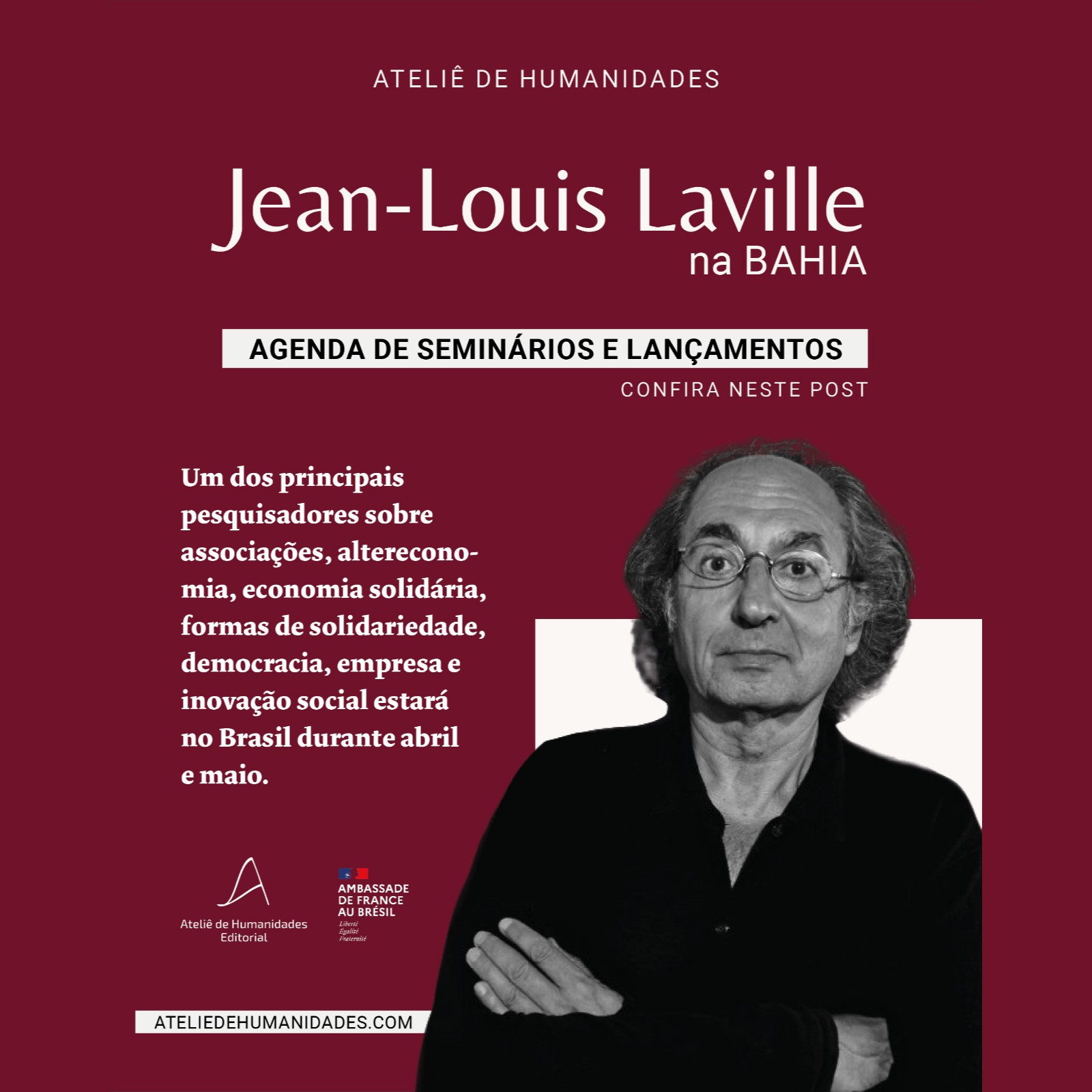 Jean Louis Laville realiza palestra e lança livro na próxima terça-feira (02) no IHAC