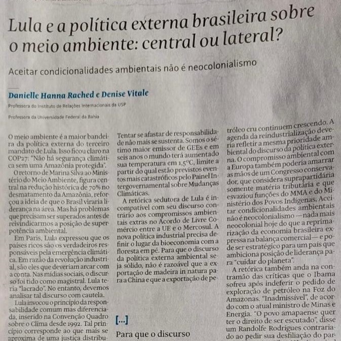 Docente do IHAC publica texto na Folha de São Paulo sobre política externa brasileira sobre meio ambiente