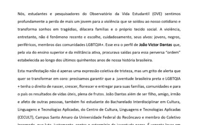Observatório da Vida Estudantil (OVE) divulga nota sobre falecimento de João Victor Dantas